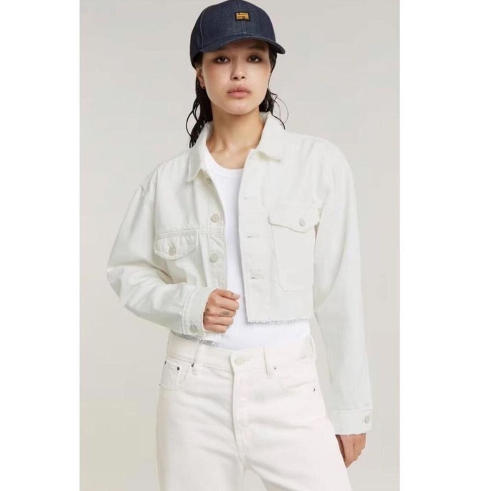 $180 G-Star RAW Cropped Wander
Ecru Denim Jacket Destroyed Raw Hem, Lt Chalk NEW